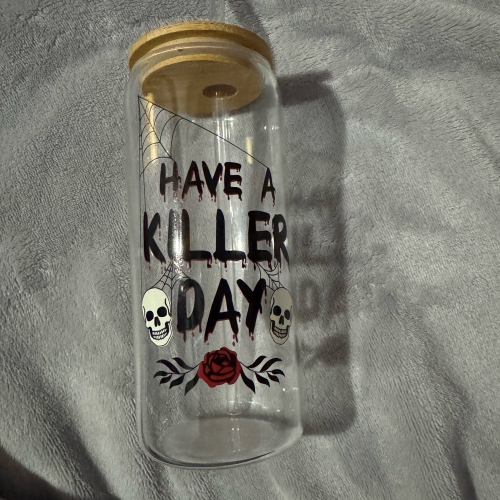 Glass Tumbler with Skulls and Rose (Never used. Perfect condition)